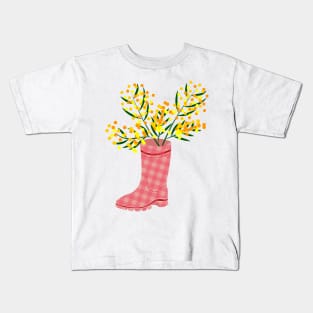 Rubber boots Wellies pink checkered Wellington boots and mimosa flower Kids T-Shirt